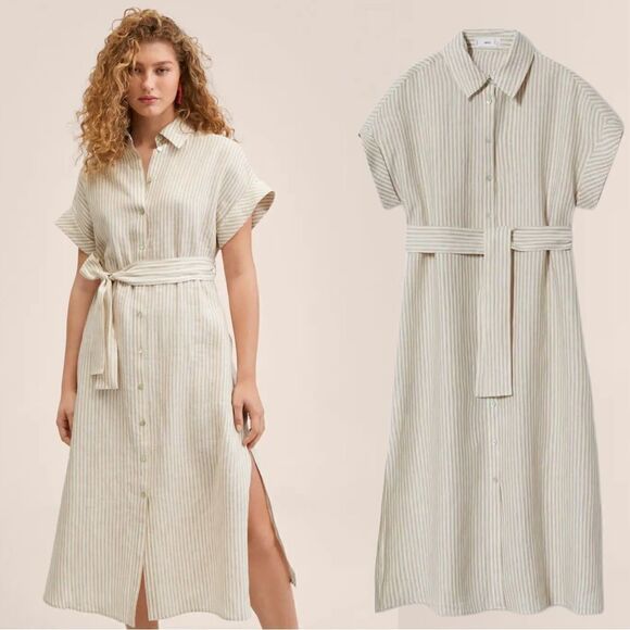Mango 100% Linen Striped Belted Shirt Dress New - Picture 1 of 11
